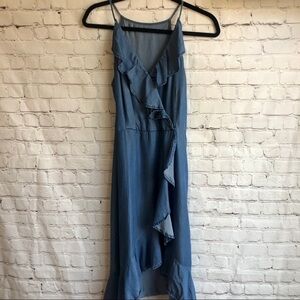 Denim dress with cascading ruffle. Spaghetti strap.  Size 8